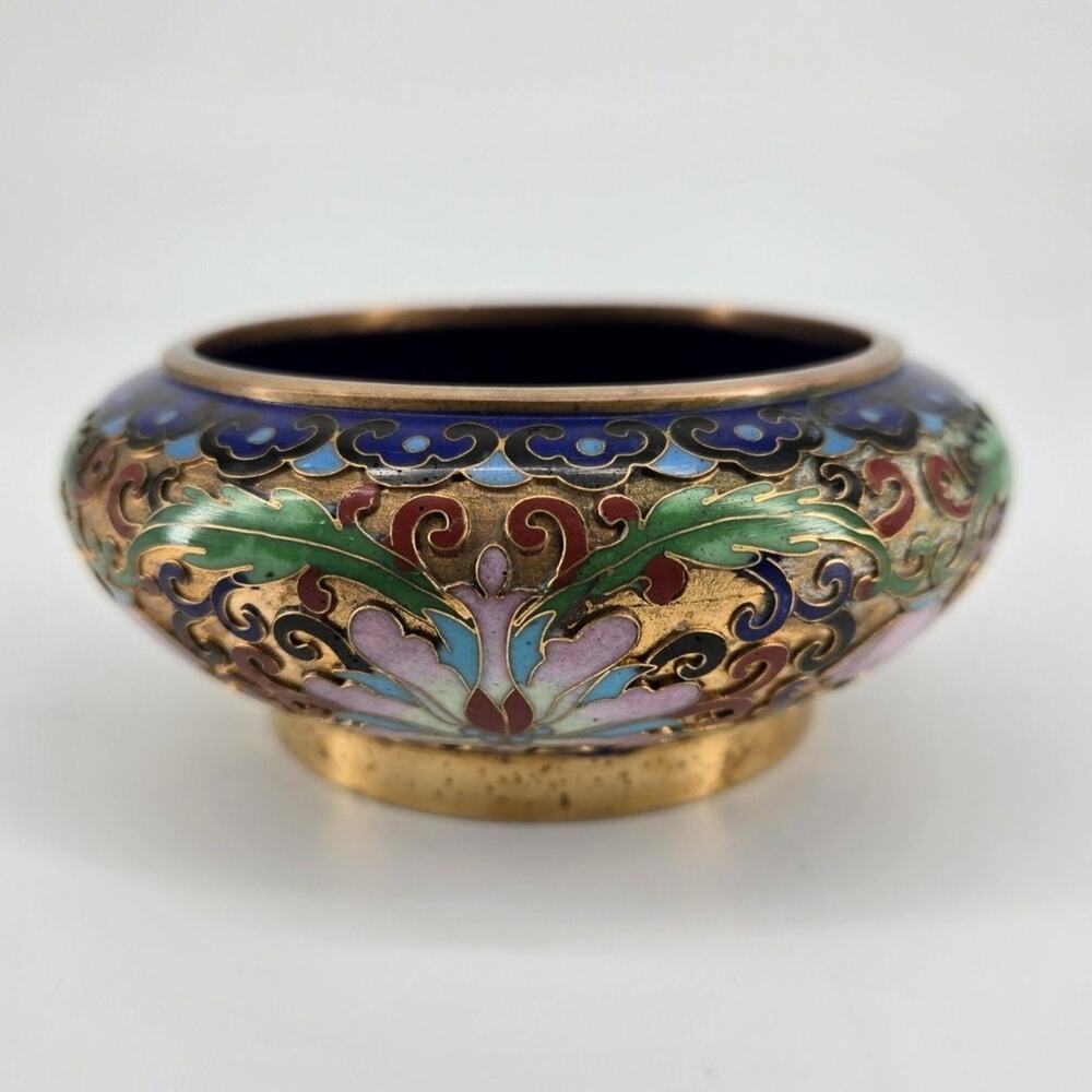 20th Century Chinese Cloisonne Champleve Enamel Floral Shallow Brass Bowl 4"